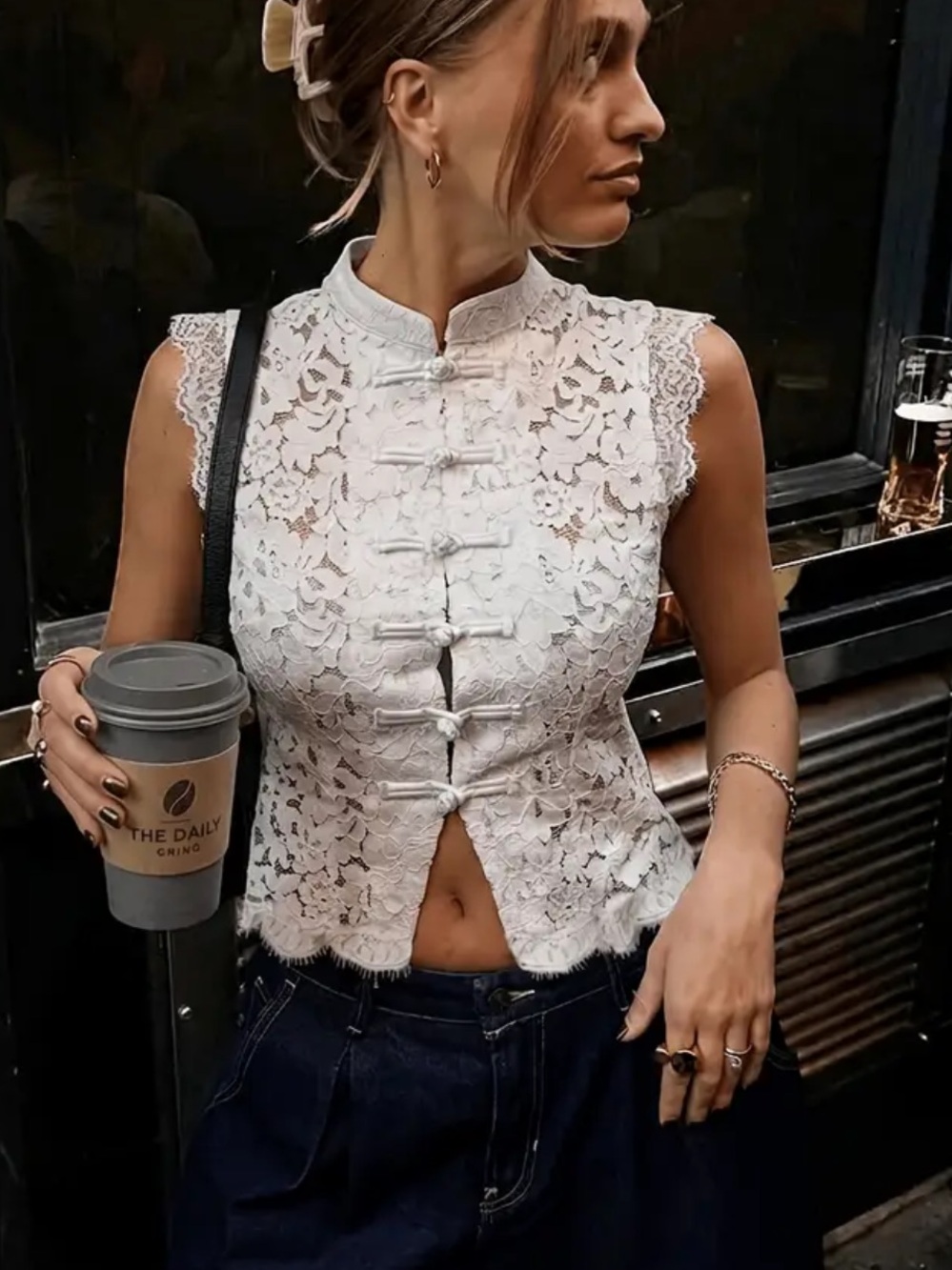 Lace Mandarin Collar Button-Front Crop Top - White LARGE